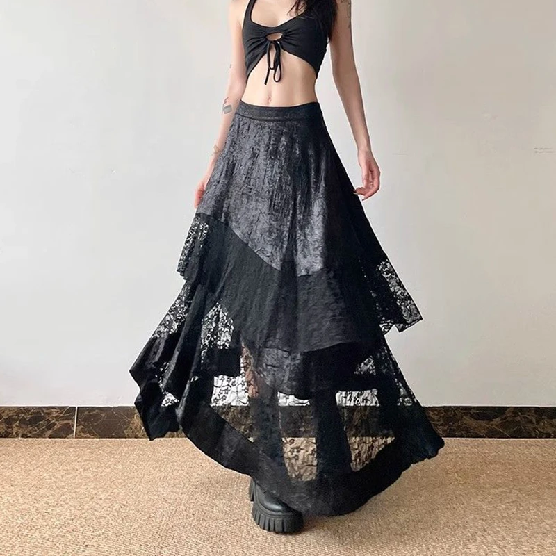 Y2K Streetwear Midi Skirt Women Vintage Harajuku Irregular Patchwork Skirts High Waist Mesh Ruffles Black A Line Hottie Skirt
