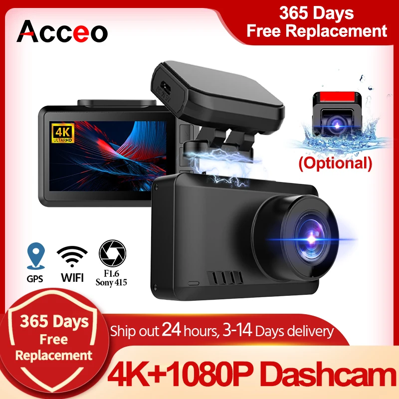 ACCEO 4K Dash Cam WIFI CAR DVR Support GPS 1080P Rear View Camera 24H Parking Monitor App Control Dual Lens Camera Black Box