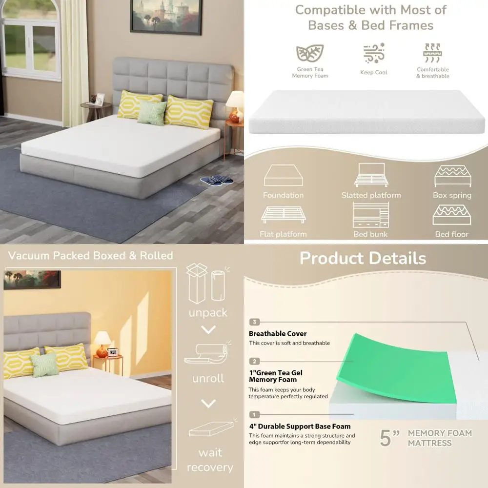 Colchón de espuma viscoelástica de gel refrescante con infusión de té verde: soporte firme medio, sin fibra de vidrio, opción de colchón certificado CertiPUR-EE. UU.
