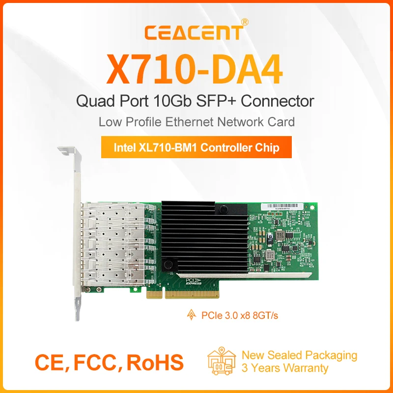 

New X710-DA4 Intel XL710-BM1 Chipset 10G SFP+ Quad Port, PCIe3.0 x8 10/1GbE Wired Lan Card Low Profile Form Factor 3Y Warranty