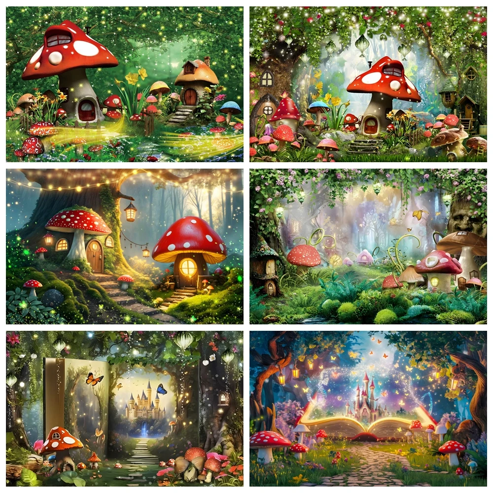 

Fairy Tale Mushroom Forest Backdrop Spring Enchanted Wonderland Magic Jungle Flower Butterfly Baby Shower Photography Background