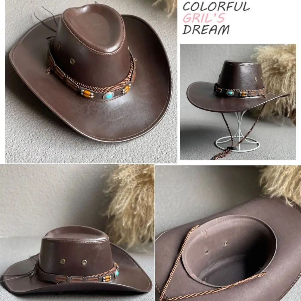 

Summer Fashion For Men Travel Drawstring Faux Leather Climbing Mountain Big Brim Cowboy Hat Bucket cap Fisherman Hat Women Cap