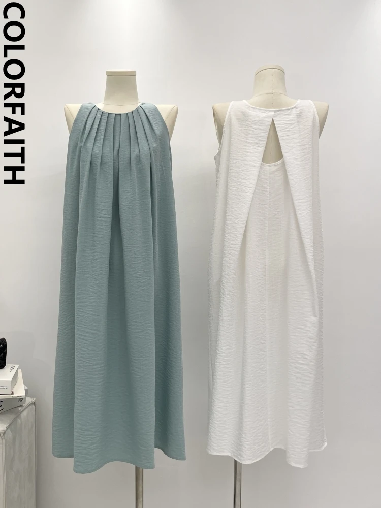 Colorfaith DR3256 New 2023 Sleeveless Chic Backless Cutout Fashion Pockets Elegant Women's Spring Summer Holiday Long Dresses