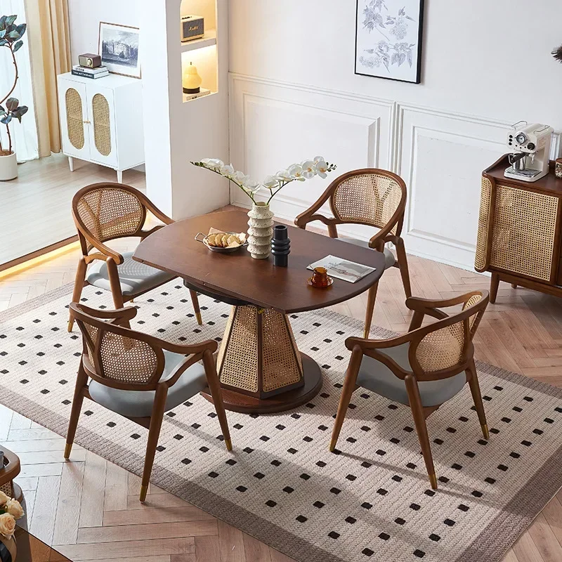 New Chinese round table rattan solid wood, rotating foldable deformation retractable dining table