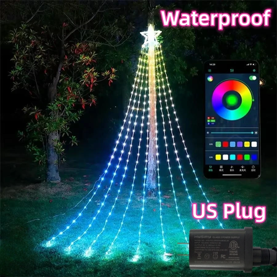 9pcs X 5M Led Star Topper DIY Waterfall Christmas Tree String Light RGBIC Smart APP Control Outdoor Waterfall Fairy Light String