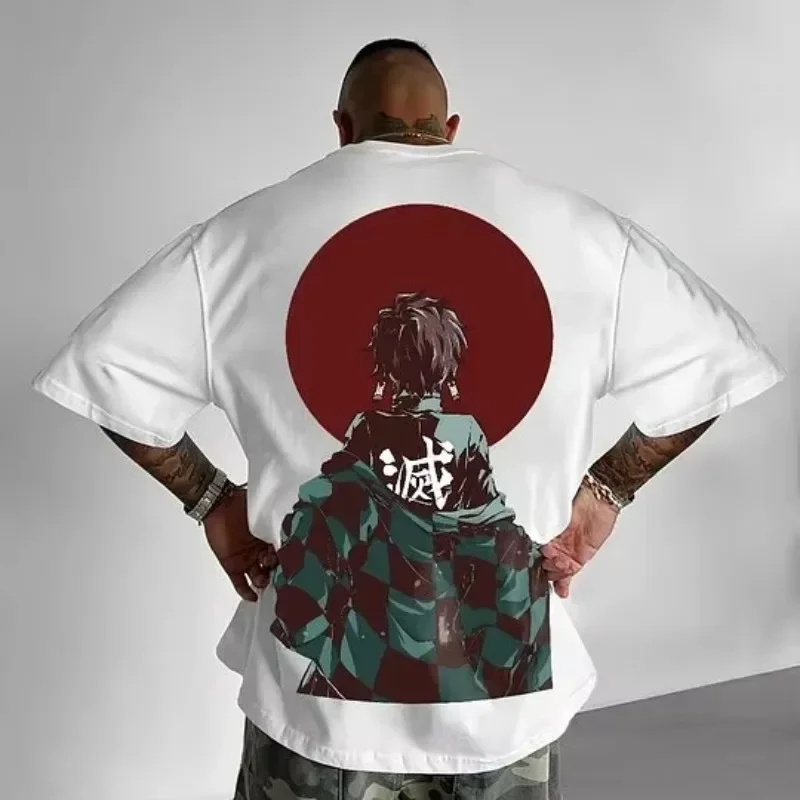 

Мужская футболка Demon Slayer 2025: Новинка лета, уличный стиль, свободный крой, трендовый аниме-принт, повседневная, для родителей и детей, с коротким рукавом