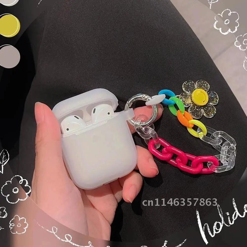 Penutup pelindung silikon untuk AirPods 1 2 Pro, casing lembut dengan gantungan kunci bunga matahari senyum, aksesori Earphone gelang