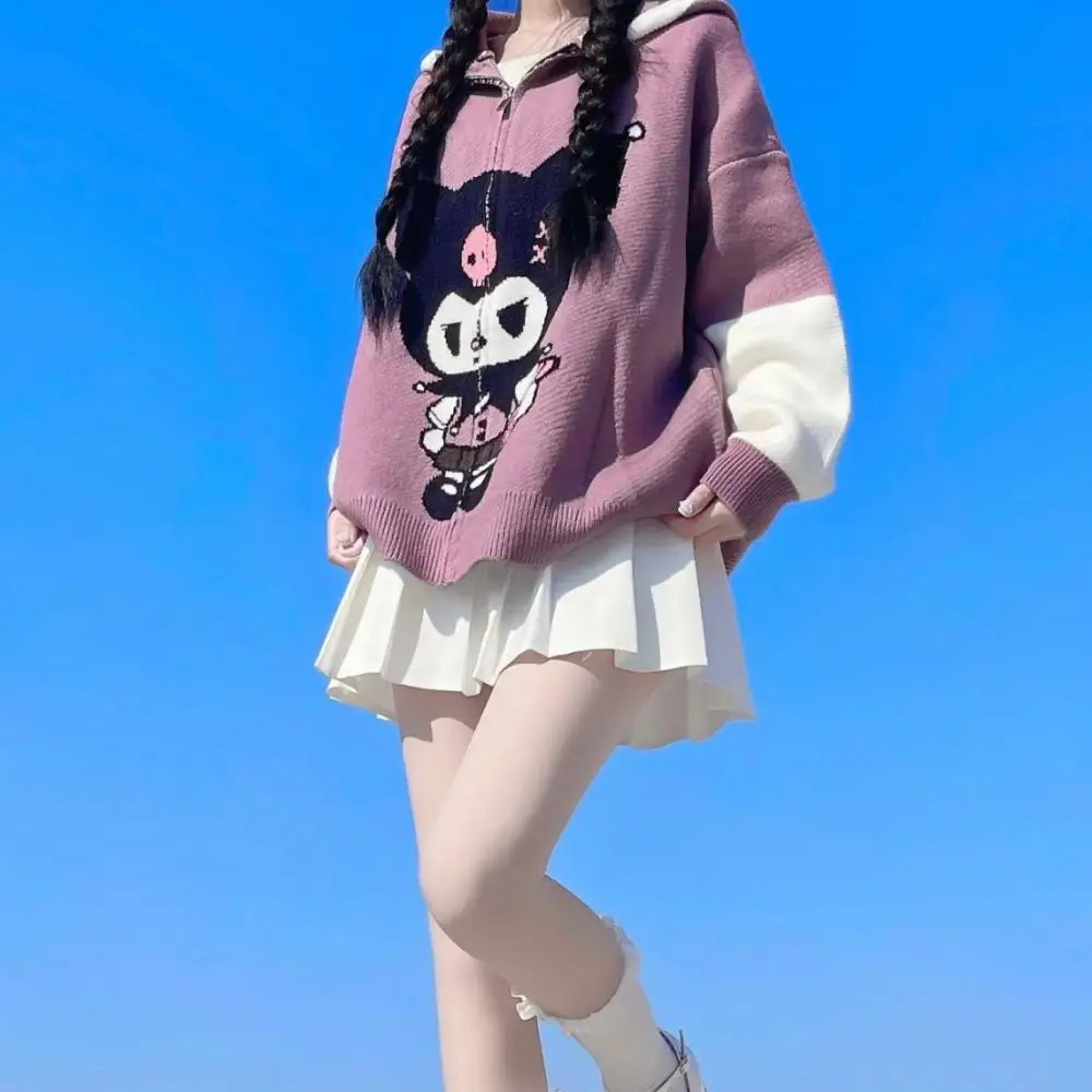 Kawaii Sanrio Kuromi meisje gebreid vest met capuchon jas herfst winter losse zoete anime cartoon afdrukken trui lange mouwen top