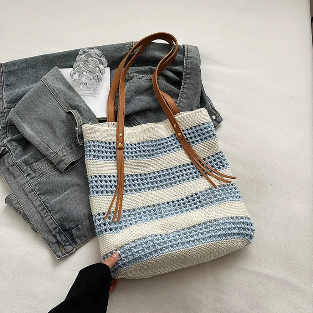 

Большая вместительная сумка-тоут из полой ткани, модная богемная сумка контрастного цвета, сумка для покупок, простая летняя пляжная соломенная сумка