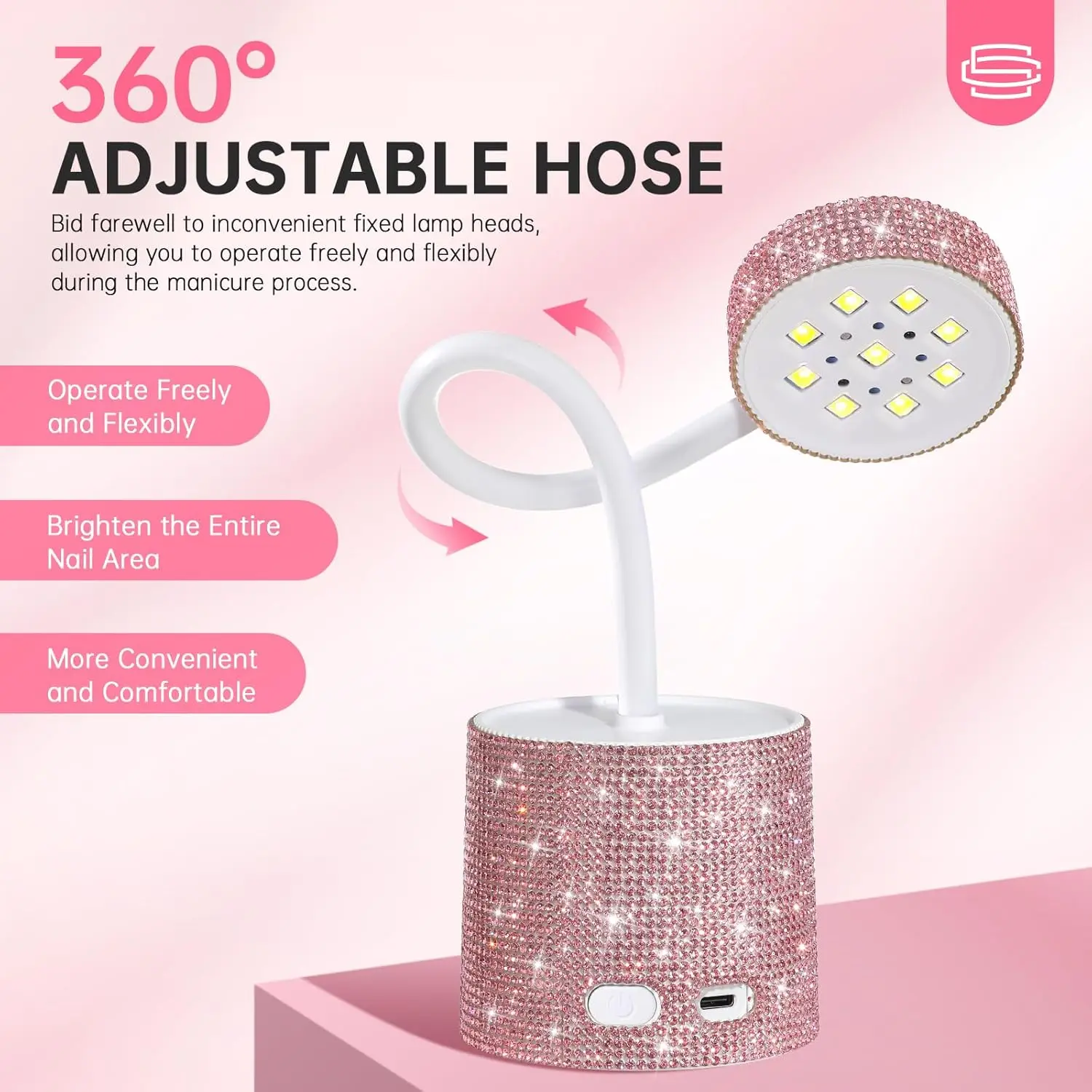 ジェルポリッシュ用ミニ充電式UV LEDネイルランプ、速乾性グースネックデザイン、ピンクダイヤモンド