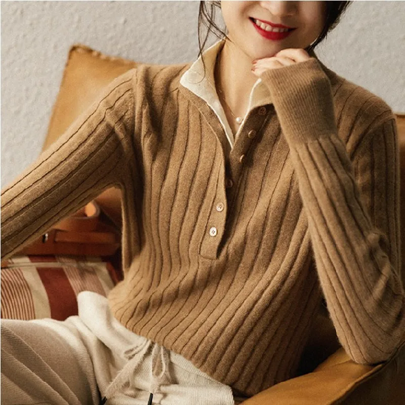 

Fashion Knitting Pullovers For Women Spring Autumn Lapel Collar Bottoming Shirt Slim Pull Femme Winter Sweater Knitwears Tops