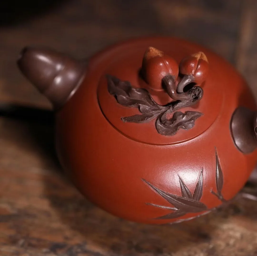 Yixing Teapot Set Handcrafted By Famous Artisans With Appliqué Details Made From Original Red Clay And Purple Clay Featuring
