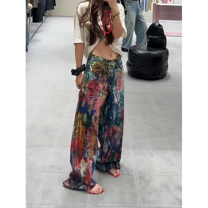 

Retro American Waed Dyeing Oil Painting Ptte Jeans Women's Spring Hot Girl 3D Color Print Floor-Length Pants
