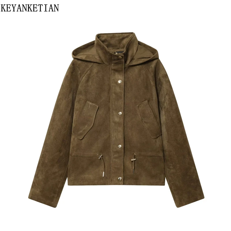 

KEYANKETIAN 2025 Winter New Women Suede Hooded Jacket Leisure style Drawstring Zipper Loose Blazer Stand collar Short Outerwear
