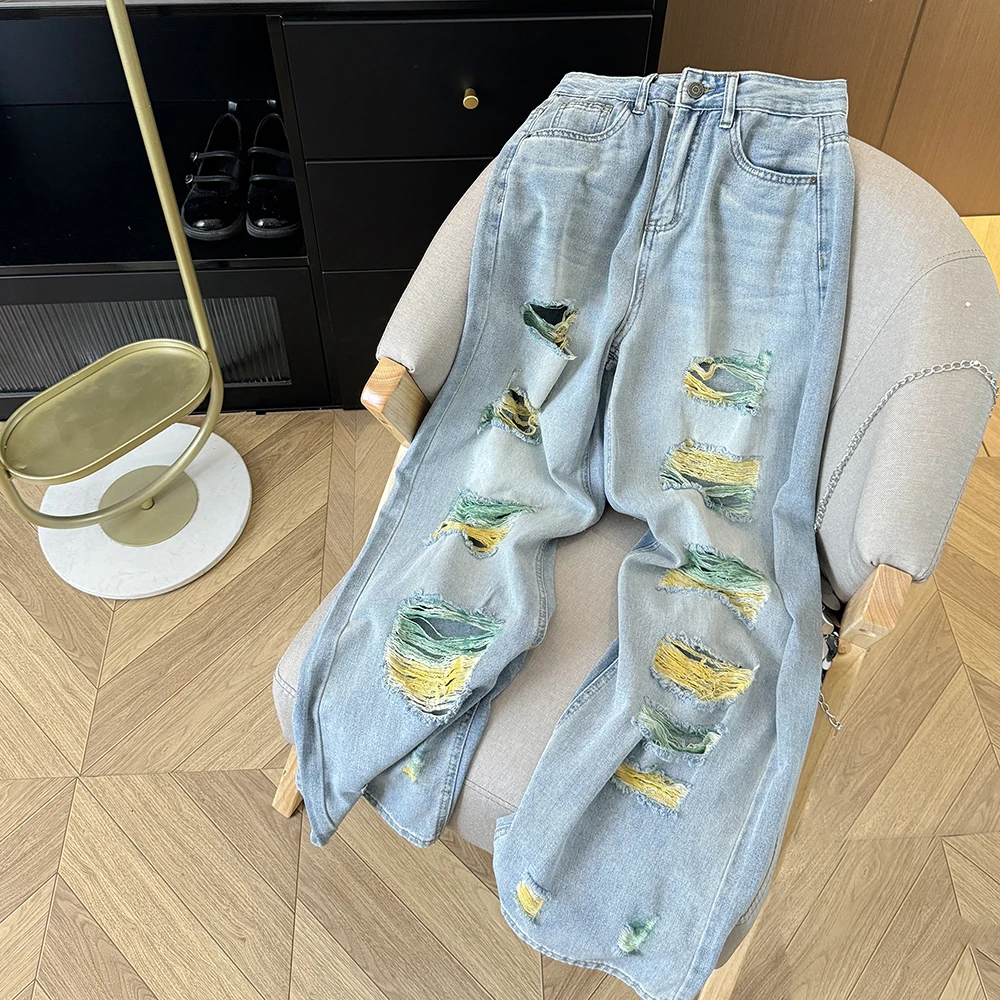 

American Retro Ripped Hole Wide Leg Jeans Women's High Waisted Loose Straight Denim Pants Chic Versatile Casual Trousers