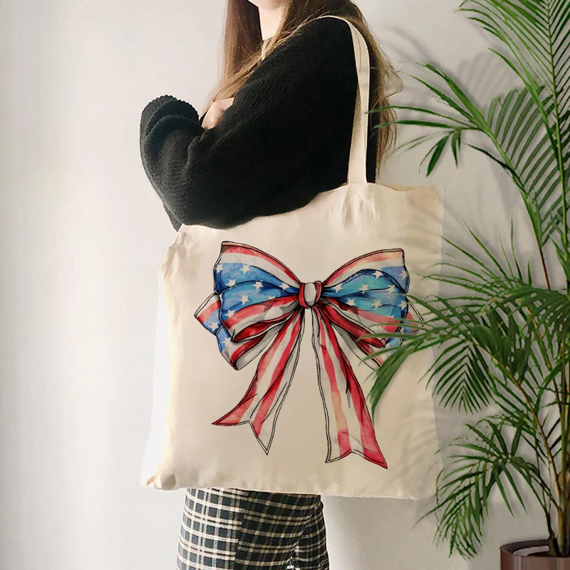 4th of July Coquette American Girly Pattern Tote Bag Freedom American Gift Reusable Shopping Bags Foldable Shoulder Bag