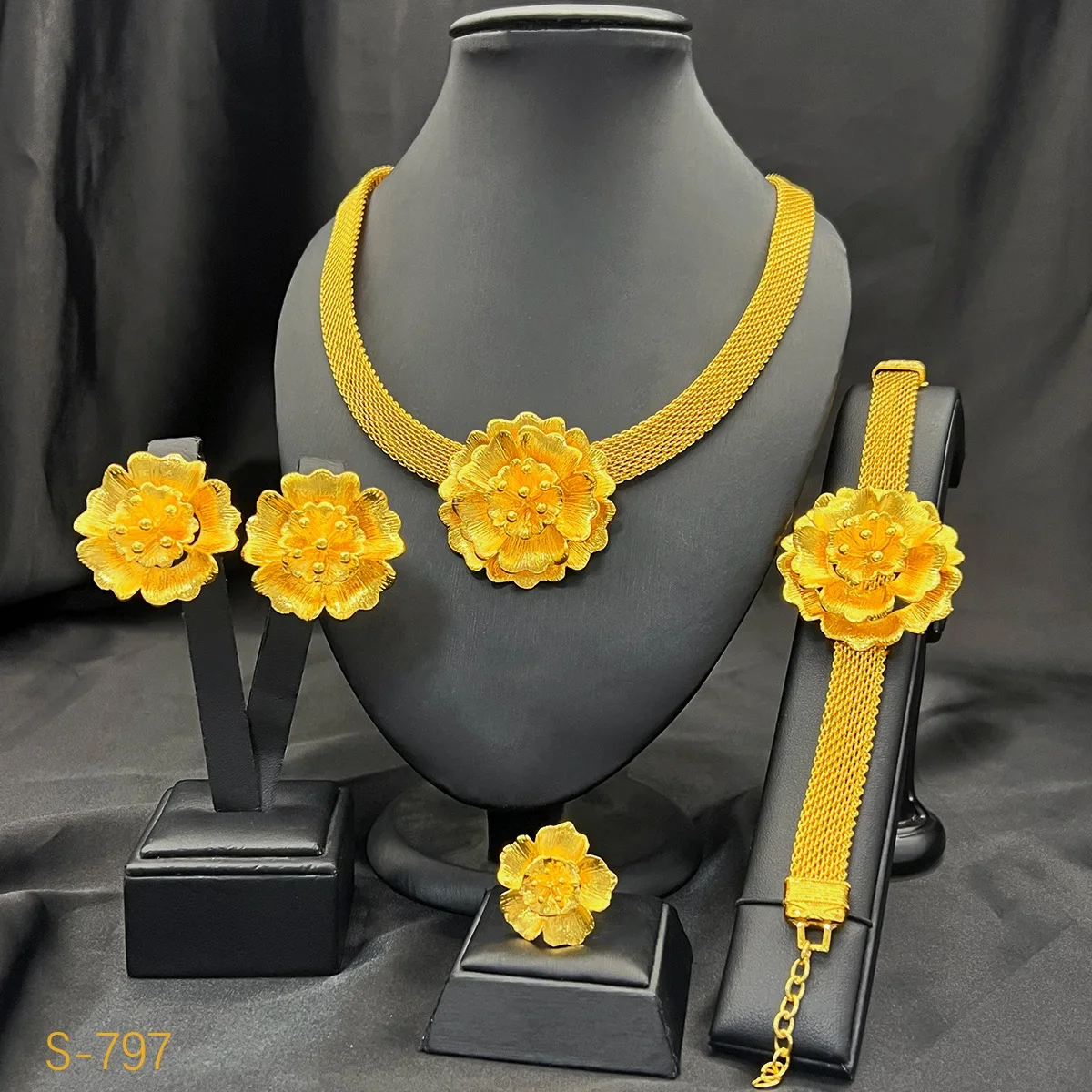 NovaGlod Dames 24K Goud AU999 Bloem Kwastje Ketting Oorbellen Ring Armband Bruid 4-delige set - Puur gouden cadeau, veelbelovend ontwerp