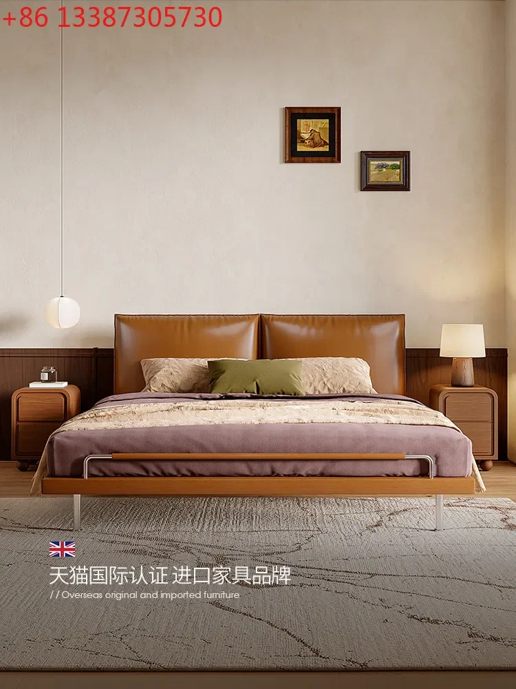 Medieval oil wax cowhide bed 1.8 meters flush edge master bedroom soft bag bed