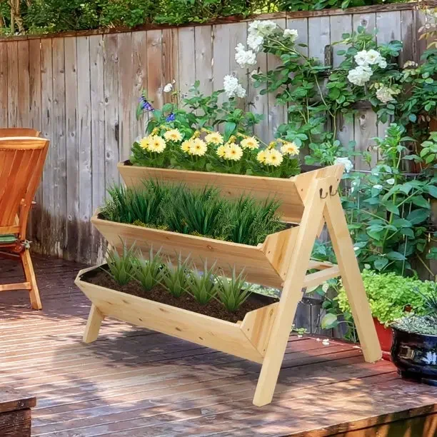 3 Tier Wooden Raised Garden Bed Wood Outdoor Patio Raised Cedar Vegetable Garden Bed Steel Planter Box With Stand