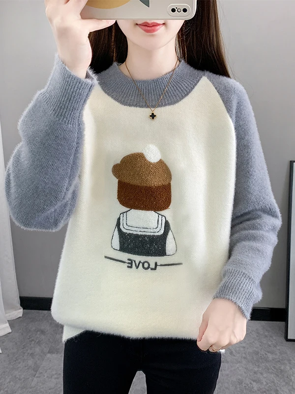 Suéter de Cuello Redondo ueso con Bloques de Color para Niñas, Invierno, Cálido, Tejido, Capa Base, Estilo Dulce, Hoado, ...