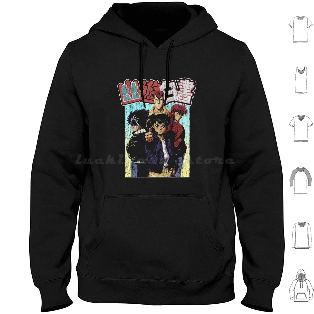 Yu Yu Hakusho-sudaderas con capucha de estilo Vintage desgastadas, manga larga, Yu Yu Hakusho Yusuke Urameshi Hiei Kurama Anime Midoriya