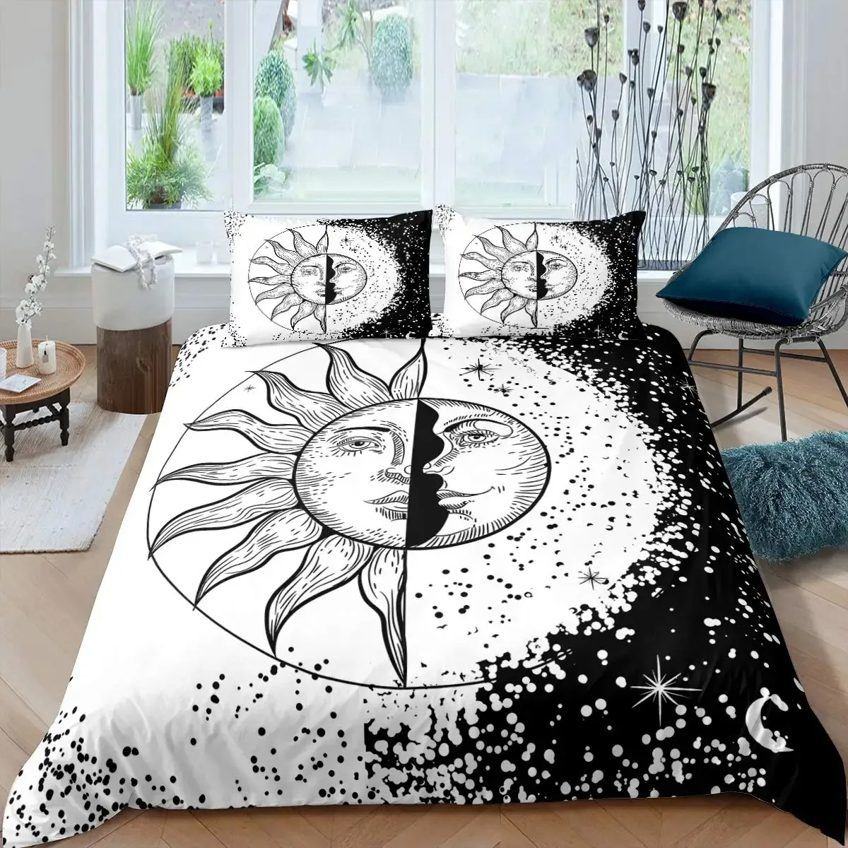 

Sun Moon Duvet Cover Set Queen Microfiber Bohemian Black And White Print Yin Yang Comforter Cover Galaxy Star Twin Bedding Set