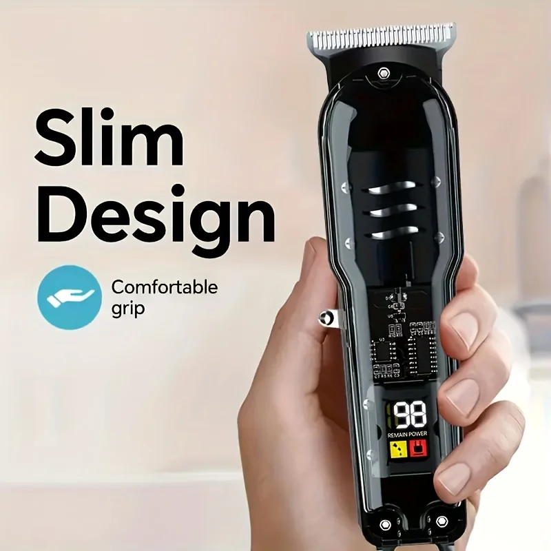 전문가용 헤어 커팅 머신 충전식 헤어 클리퍼 투명 전기 헤어 트리머 남성용 무선 이발기