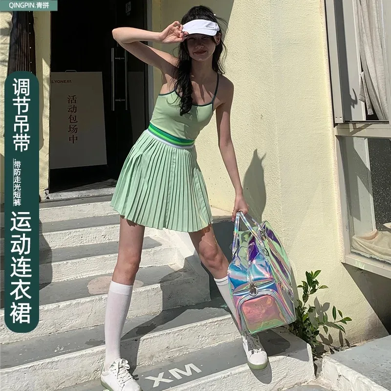 Green Spaghetti Strap Dress with Shorts Pocket Tennis Golf Wear Two Piece Set Badminton Sport Workout Clothes Casual Outdoor