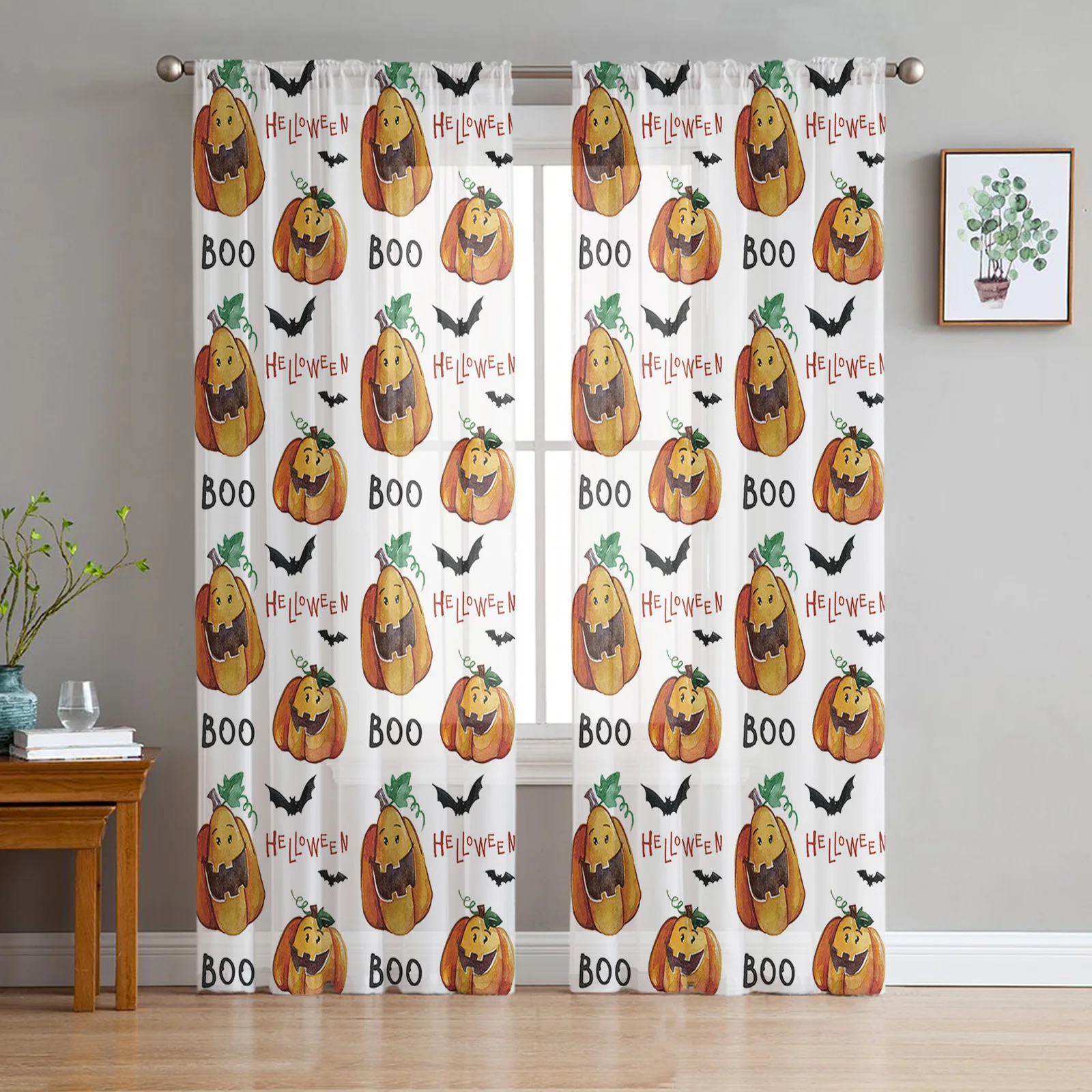 Halloween Pumpkin Tile Bat Sheer Curtains For Living Room Tulle Window Curtain Bedroom Kitchen Veil Drapes