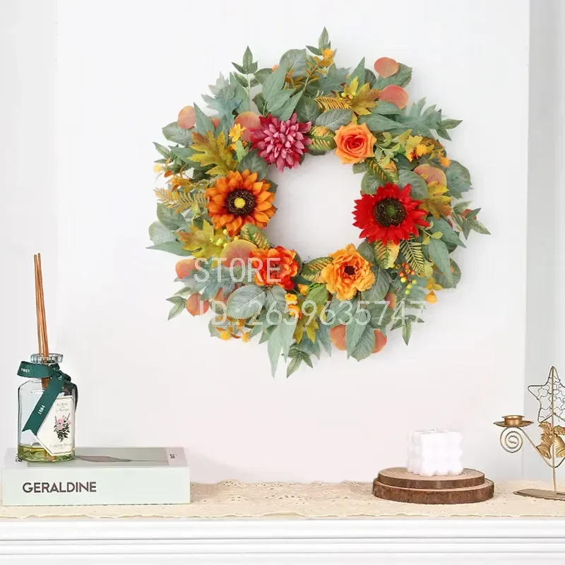 for Autumn Orange Wreath Simulation Fall Thanksgiving Home Door Pendant Wedding Scene Arrangement Floral Decoration