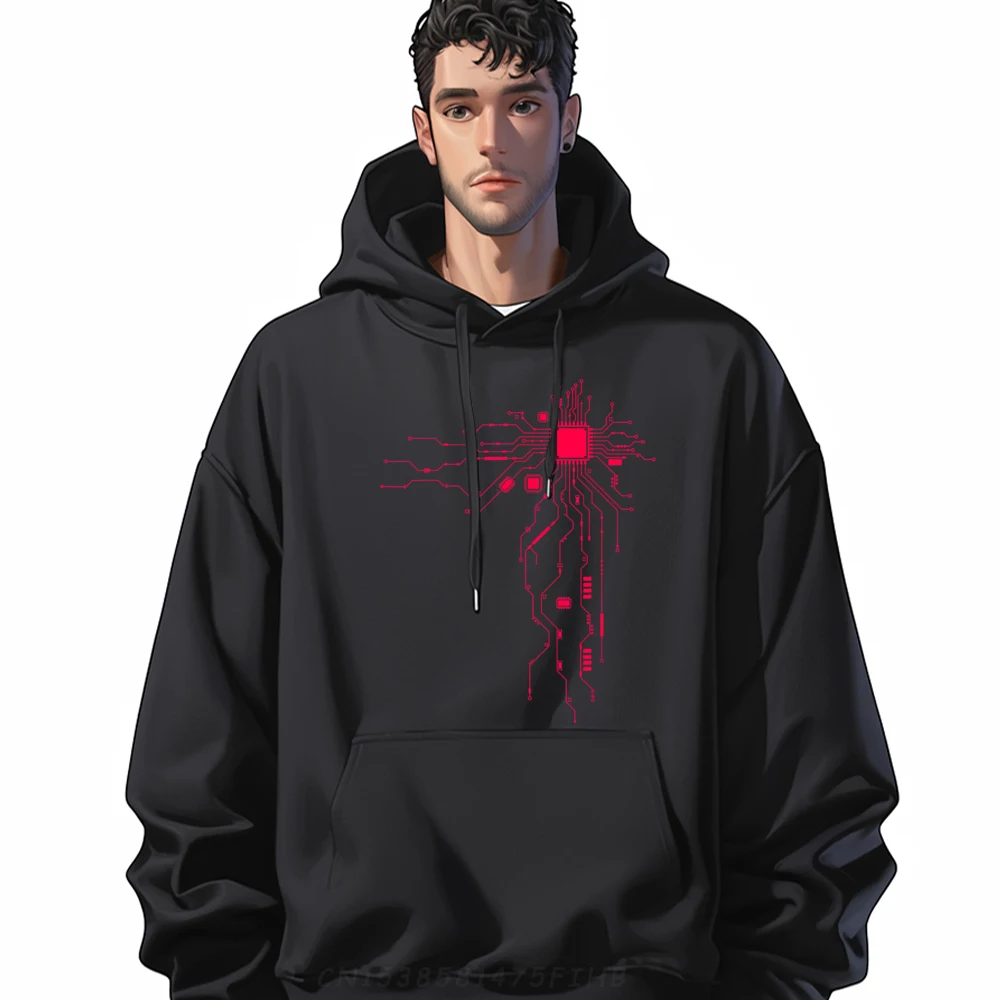 

Gift Idea Loose Long Sleeve Hoodies Round Collar Printed Sweatshirt Mens Red Computer Cpu Core Heart Hoodies