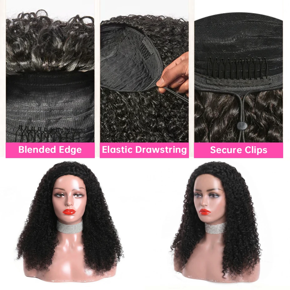 Kinky Curly Half Wig 250 Density Double Drawn Invisible Drawstring Machine Made Wigs Human Hair Ponytail Invisible Hairline Half Wig Natural Colored Ready To Wear Vietnamese Human Hair Wig 18 20 22 24 26 Inch Free Shipping