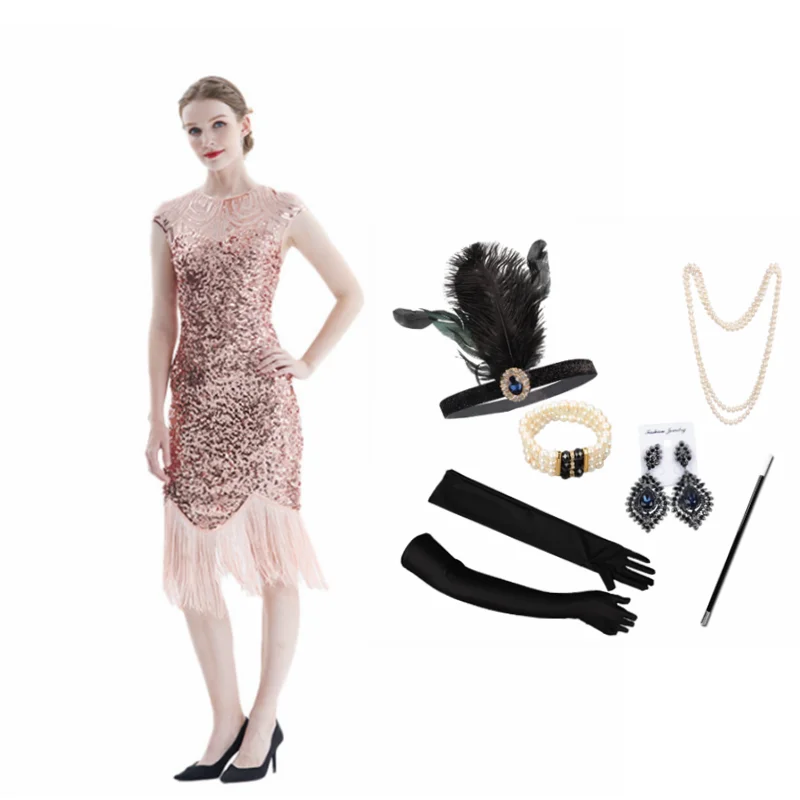 New 1920s Flapper Dress Costume Great Gatsby Party Evening Sequins Fringed Dresses Gown Cosplay with 20s with Accessories Set