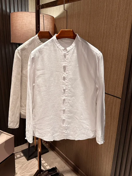 

New Chinese Style Shirt 100% Linen Spring Men's Simple Pure Color Versatile Stand Collar Long Sleeve Button up Casual Shirt