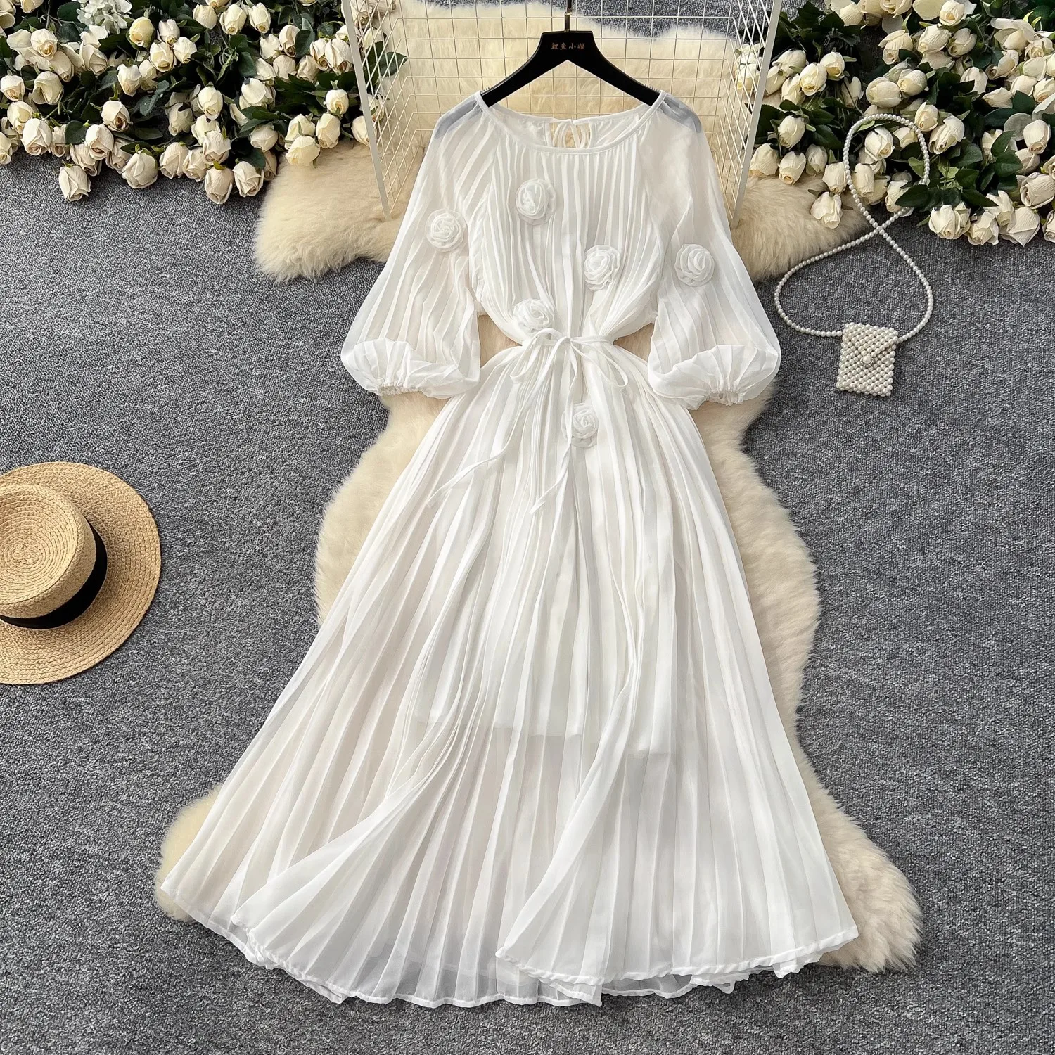

Women Dress Pleated Chiffon Midi Dress Round Neck Lantern Sleeve with 3D Flower Detail for Casual Party