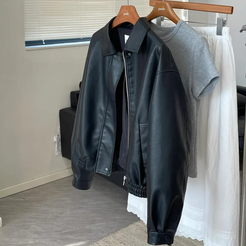 Black Leather Jacket Women's Short Cool Style Korean System PU Coat Fall New Arrival Commute Wind Resistant Short Length
