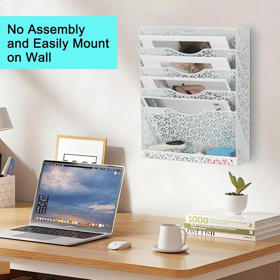 منظم ملفات مكتب EasyPAG، حامل ملفات معدني عالي التحمل مثبت على الحائط، حامل مجلد ورق بريد من 5 طبقات مع صينية سفلية للمكتب