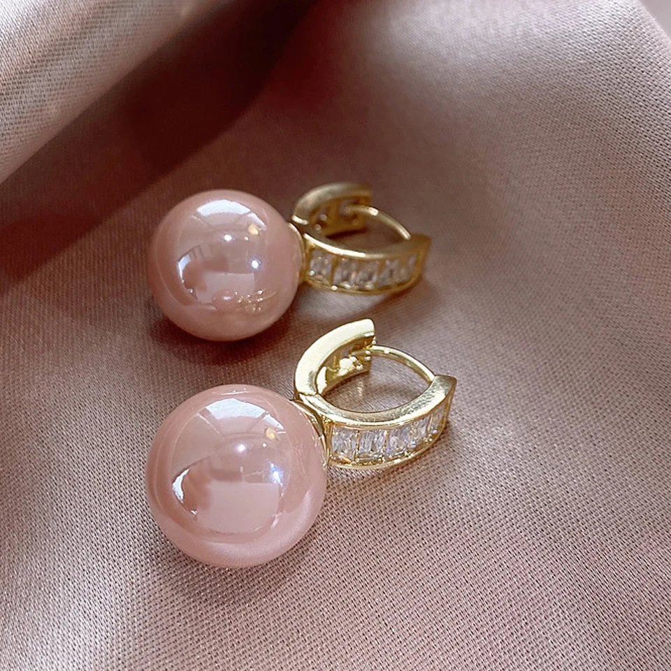 Yupsk Korean French Fashion Pink Round Pearl Zircon Earrings for Women Gold Color Trendy Female Ear Accessories Gift