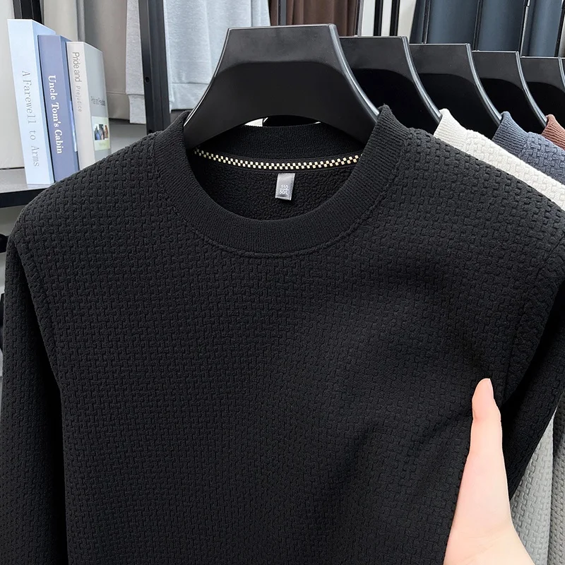 Herren-Sweatshirt mit Rundhalsausschnitt, Waffelstruktur, langen Ärmeln, einfarbig, lockerer Schnitt, lässig, für den täglichen Gebrauch, ein Basic-Oberteil für Herbst und Winter. – Detail 7