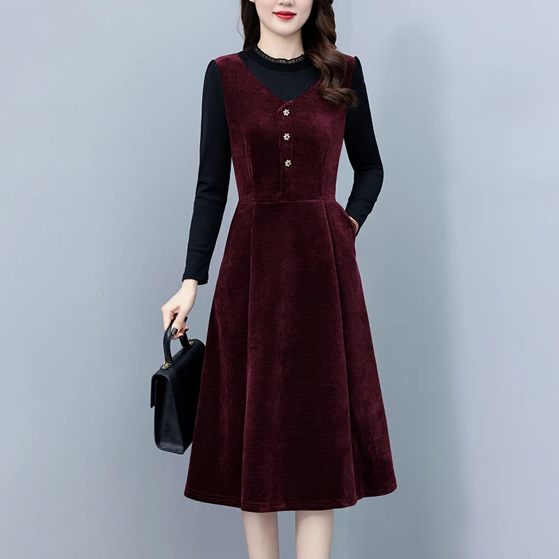 

Women Cotton Dresses Female O Neck Long Sleeve Large Size 3XL Elegant Autumn ​Winter Knee Length Fuchsia Fake Two Pieces Vestido