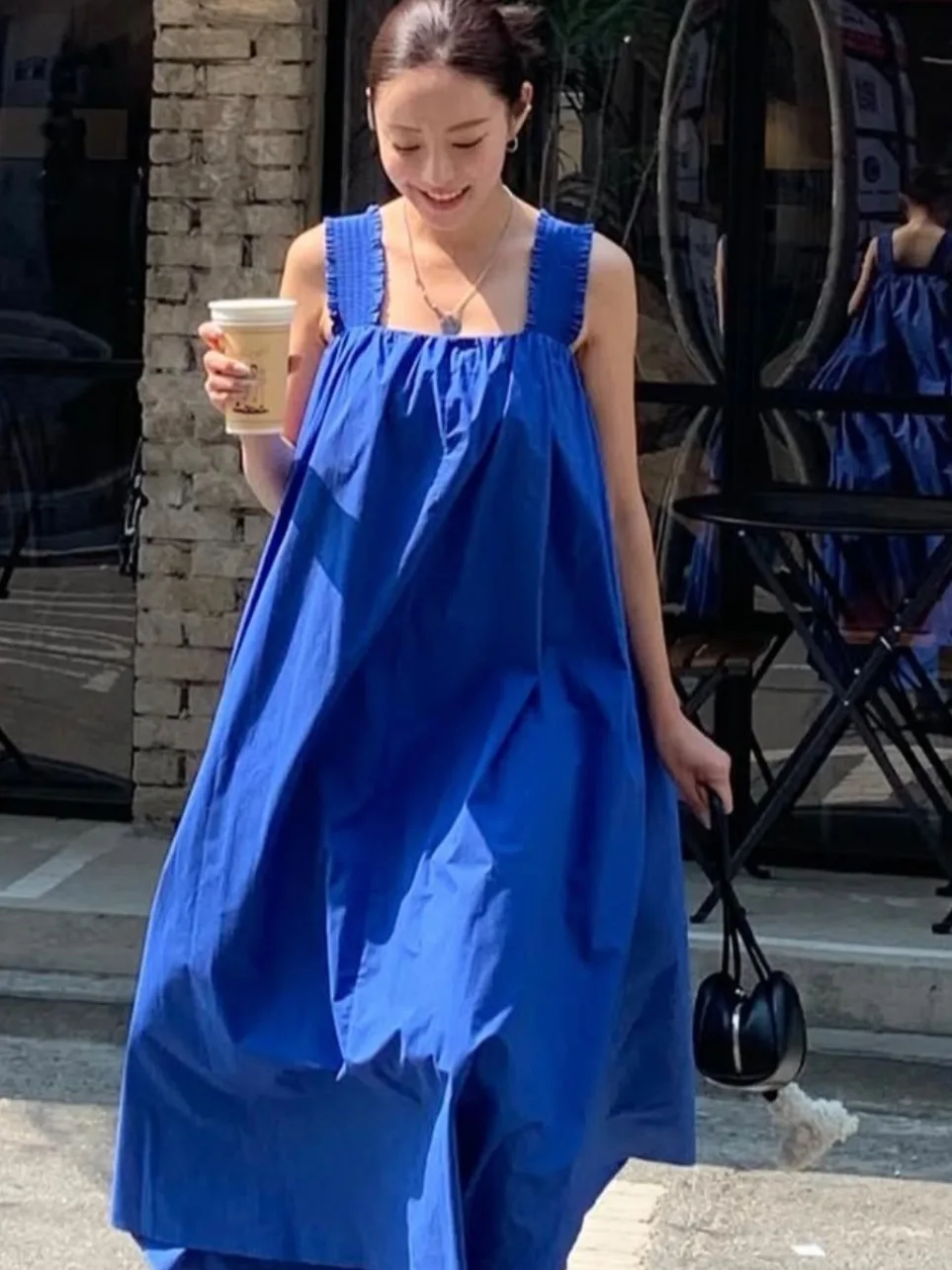

Chic Summer Lazy Sle Square Collar Loose Casual White Enhancing Klein Blue Vest Dr Women's Faionable Breathable Dr