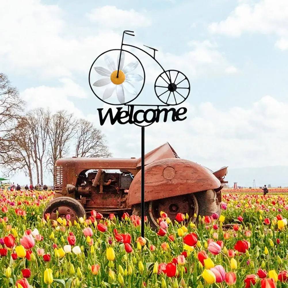 

Garden Windmill Iron Bicycle Style Pinwheel with Welcome Sign Stake Outdoor Windmill Welcome Stake for Yard Garden Patio