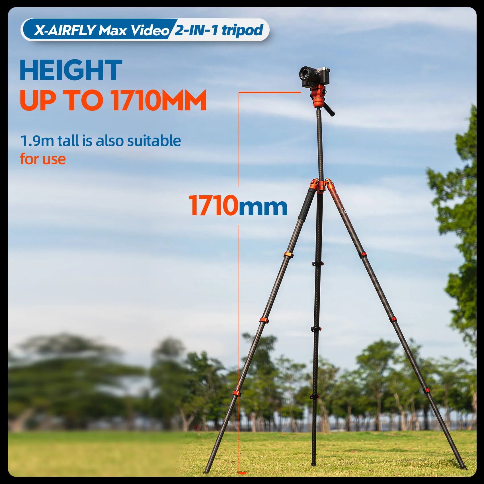 Fotopro Carbon Fiber Camera Tripod with Fluid Ball Head Flip Lock Effortless 171CM Travel Tripod Monopod X-AIRFLY Max Video