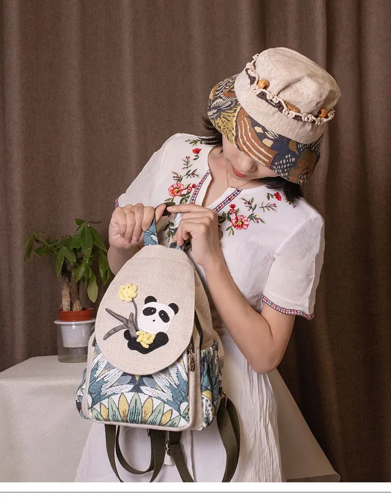 New Backpack Women's Simple Casual Cotton and Linen Bag Chinese Style Panda Small Backpack Female