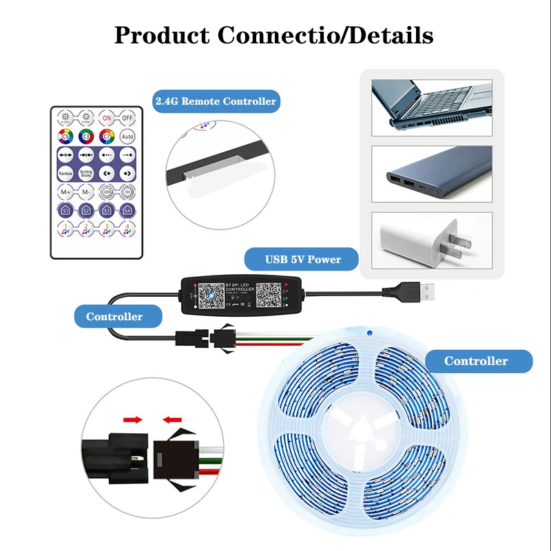 WS2811 WS2812B Controller Music Bluetooth App Built In Mic Pixel LED Strip Light WS2812 Addressable LED Light Strip USB DC5V-24V