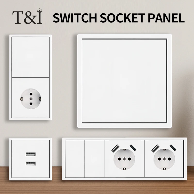 Tomada de parede europeia tomada ue, portas de carregamento usb tipo-c, interruptor de luz de 1/2 gang, 16a 250v, montagem embutida, painel branco, 80x80mm