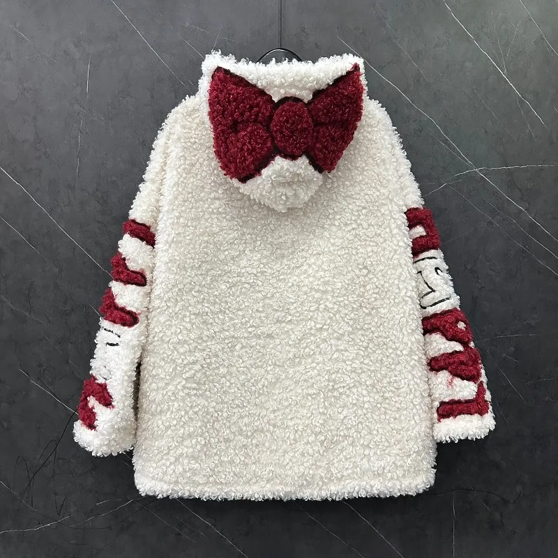 2025 Autumn Winter Heavy Industry Cartoon Lamb Wool Hooded Sweatshirt Jacket For Women's Loose Sweet Y2k Style Top Zipper Coat