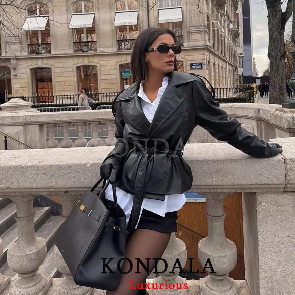 KONDALA, ropa de calle, chaquetas elegantes de cuero negro, chaquetas cortas con fajas y botones de manga larga para mujer, prendas de vestir elegantes a la moda para primavera 2026