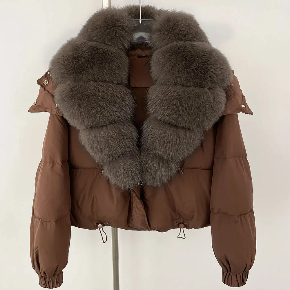 2024 New Winter Big Natural Fox Fur Fluffy Puffer Coat Women Button Warm 90White Duck Feather Down Short Jacket Waterproof Parka