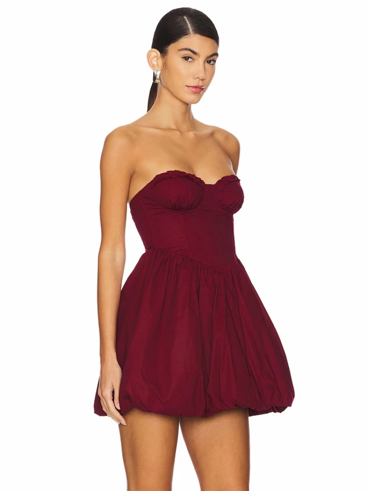 Women's Burgundy Strapless Ruffles Flods Mini Dress Sexy Sleeveless High Waist A-Line Slim Dresses Elegant Cocktail Party Clubwe